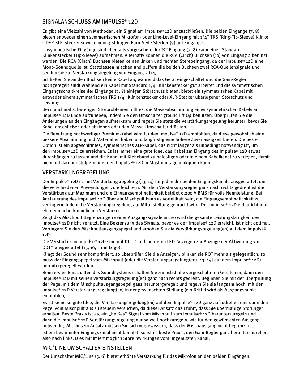 Signalanschluss am impulse, Verstärkungsregelung, Mic/line umschalter einstellen | Peavey IMPULSE 12 D User Manual | Page 42 / 148