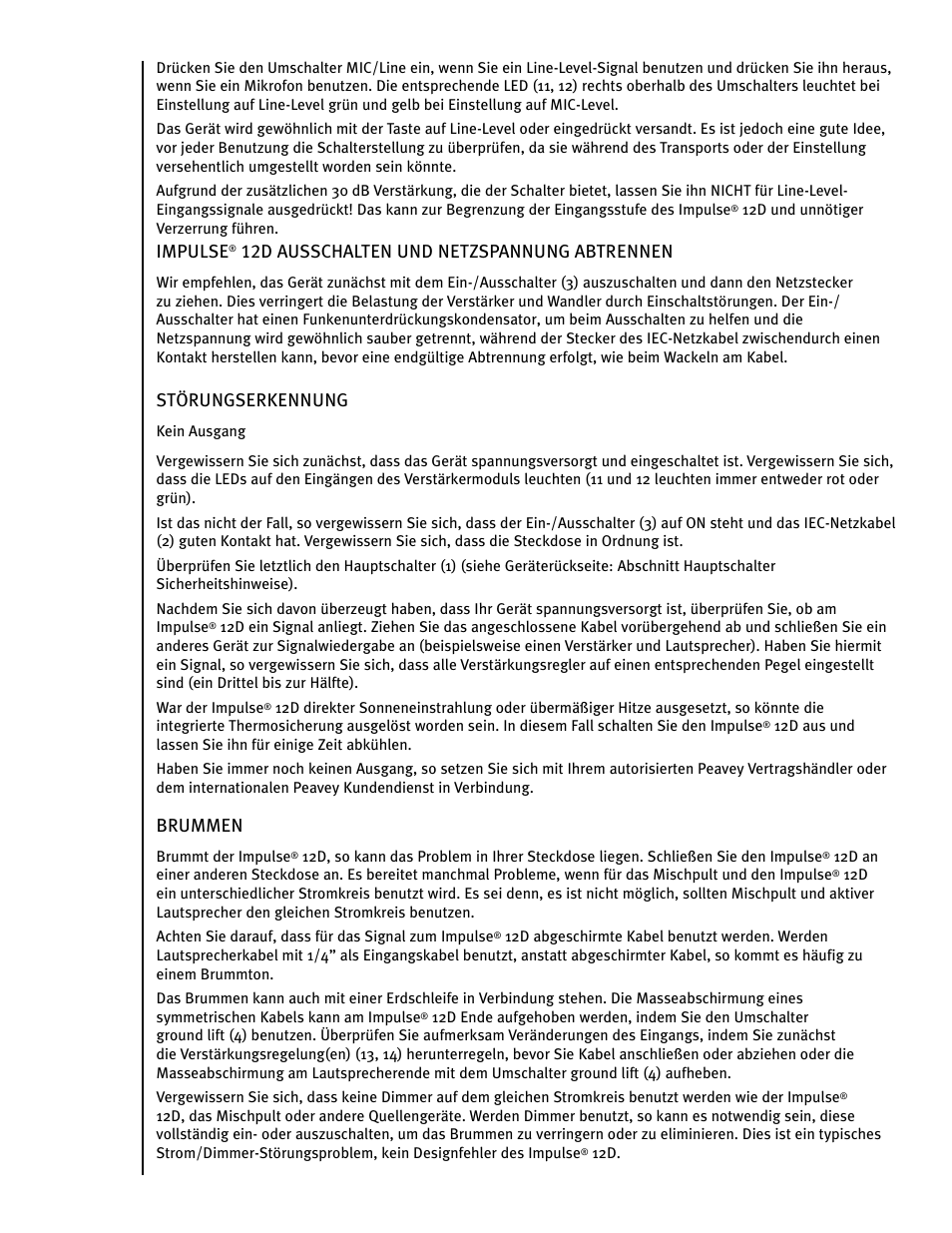 Impulse, 12d ausschalten und netzspannung abtrennen, Störungserkennung | Brummen | Peavey IMPULSE 12 D User Manual | Page 43 / 148
