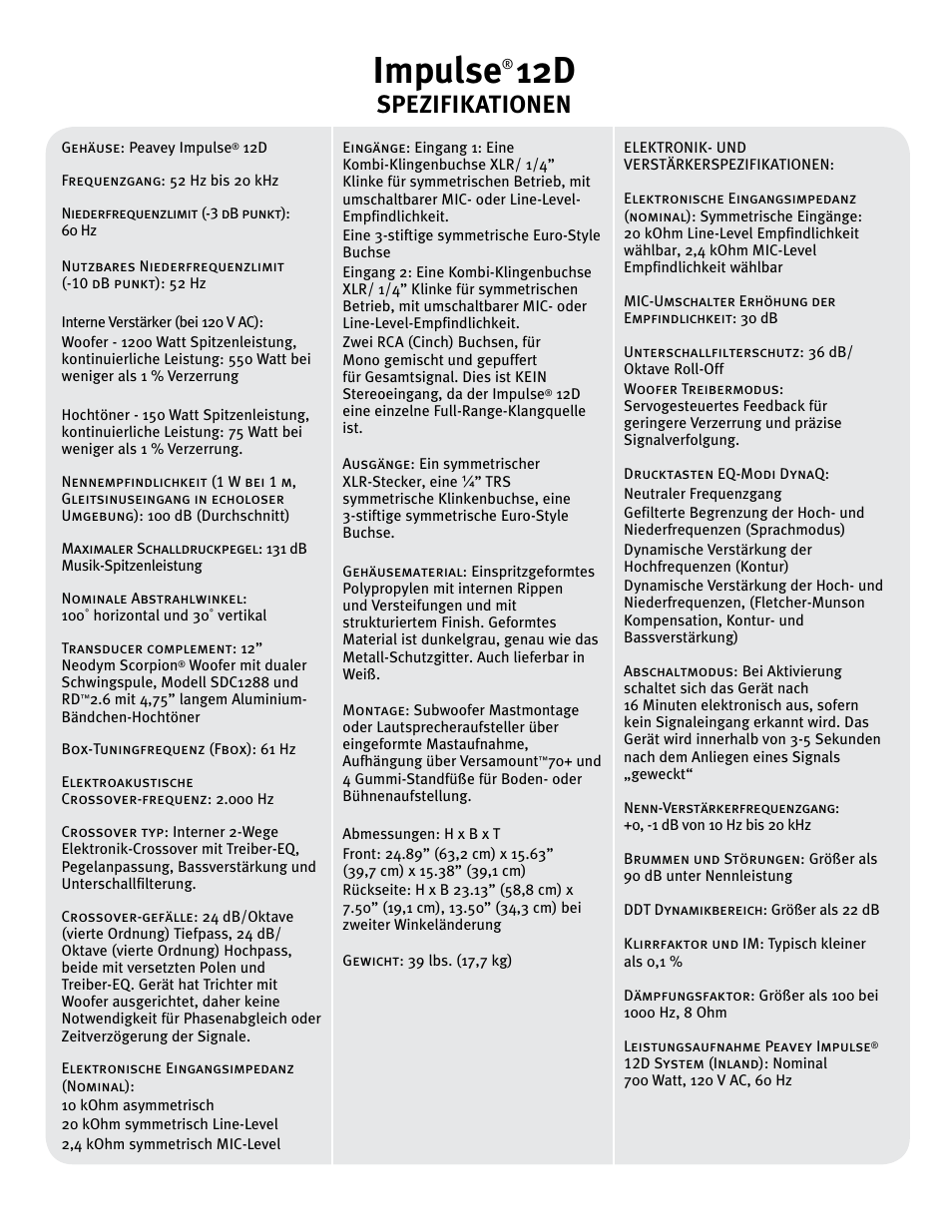 Impulse, Spezifikationen | Peavey IMPULSE 12 D User Manual | Page 46 / 148
