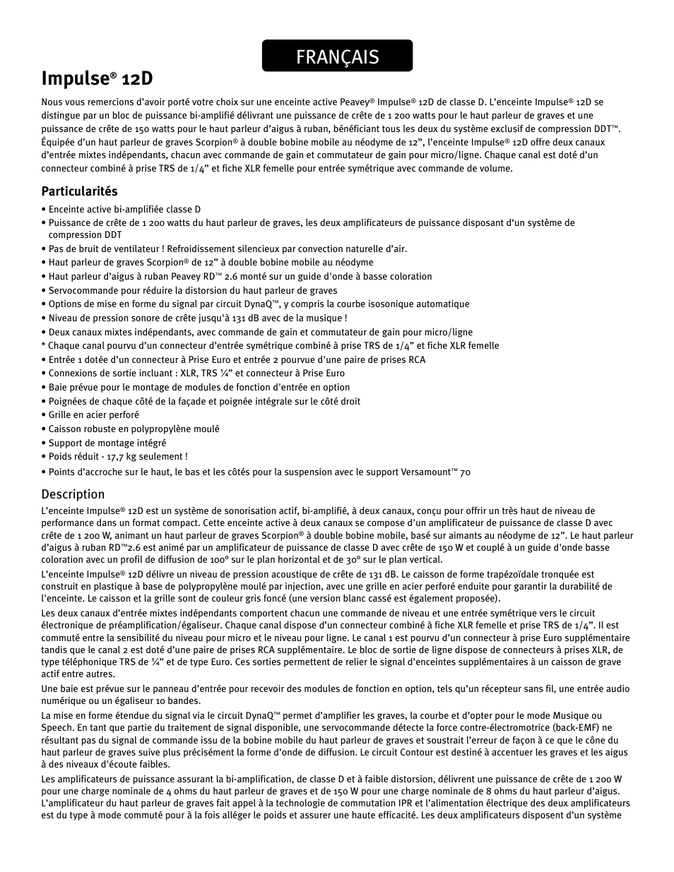 Impulse, Français, Particularités | Description | Peavey IMPULSE 12 D User Manual | Page 47 / 148