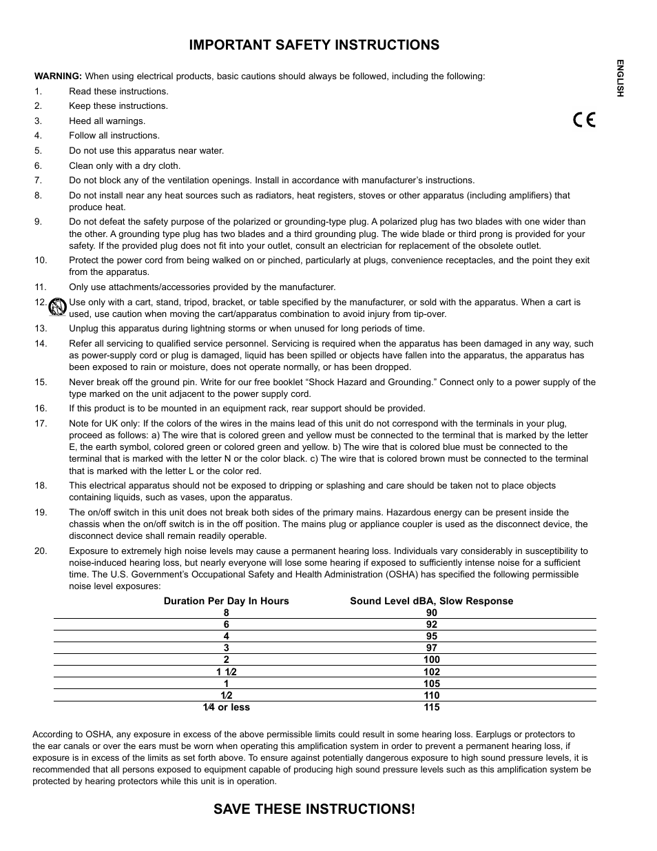 Important safety instructions, Save these instructions | Peavey IMPULSE 12 D User Manual | Page 5 / 148