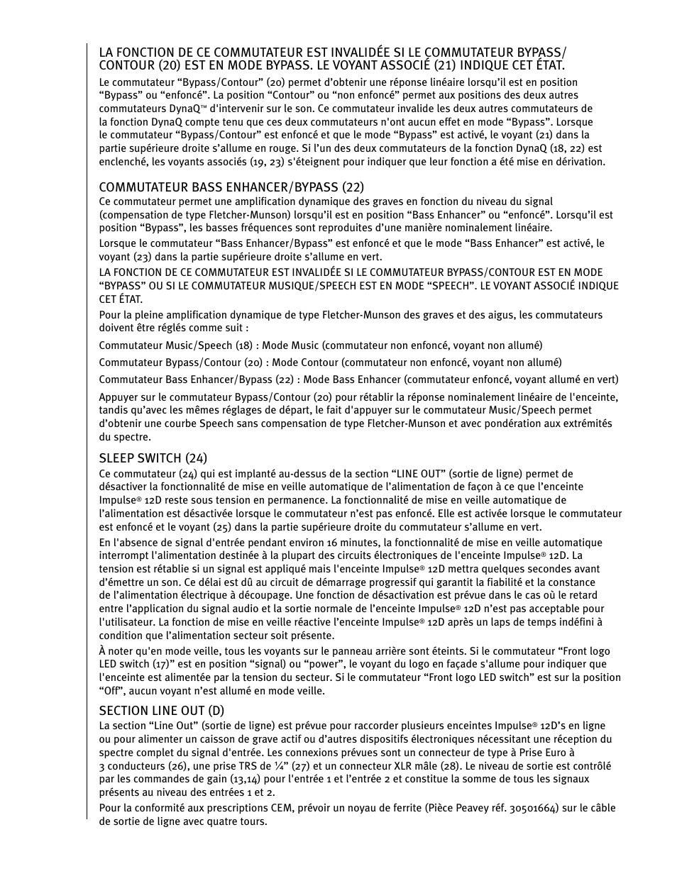 Commutateur bass enhancer/bypass (22), Sleep switch (24) | Peavey IMPULSE 12 D User Manual | Page 51 / 148