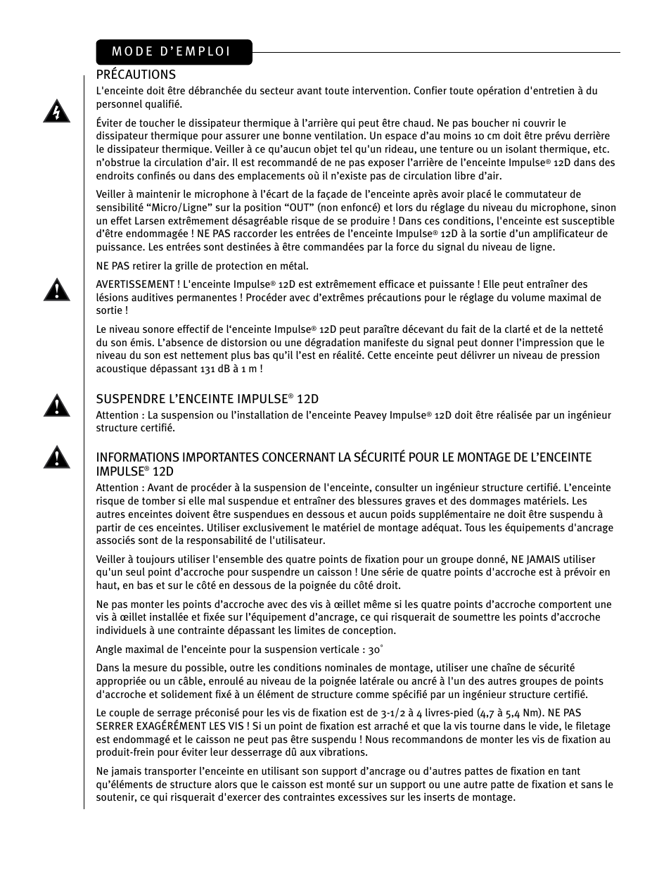 Précautions, Suspendre l’enceinte impulse | Peavey IMPULSE 12 D User Manual | Page 52 / 148
