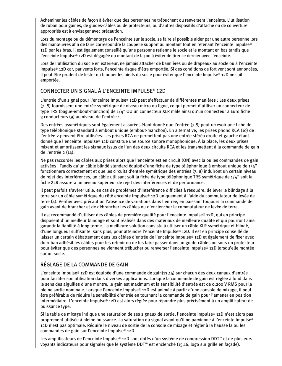 Connecter un signal à l’enceinte impulse, Réglage de la commande de gain | Peavey IMPULSE 12 D User Manual | Page 54 / 148