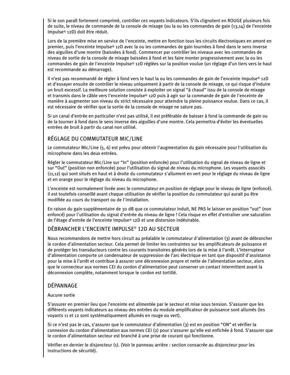 Réglage du commutateur mic/line, Débrancher l'enceinte impulse, 12d au secteur | Dépannage | Peavey IMPULSE 12 D User Manual | Page 55 / 148