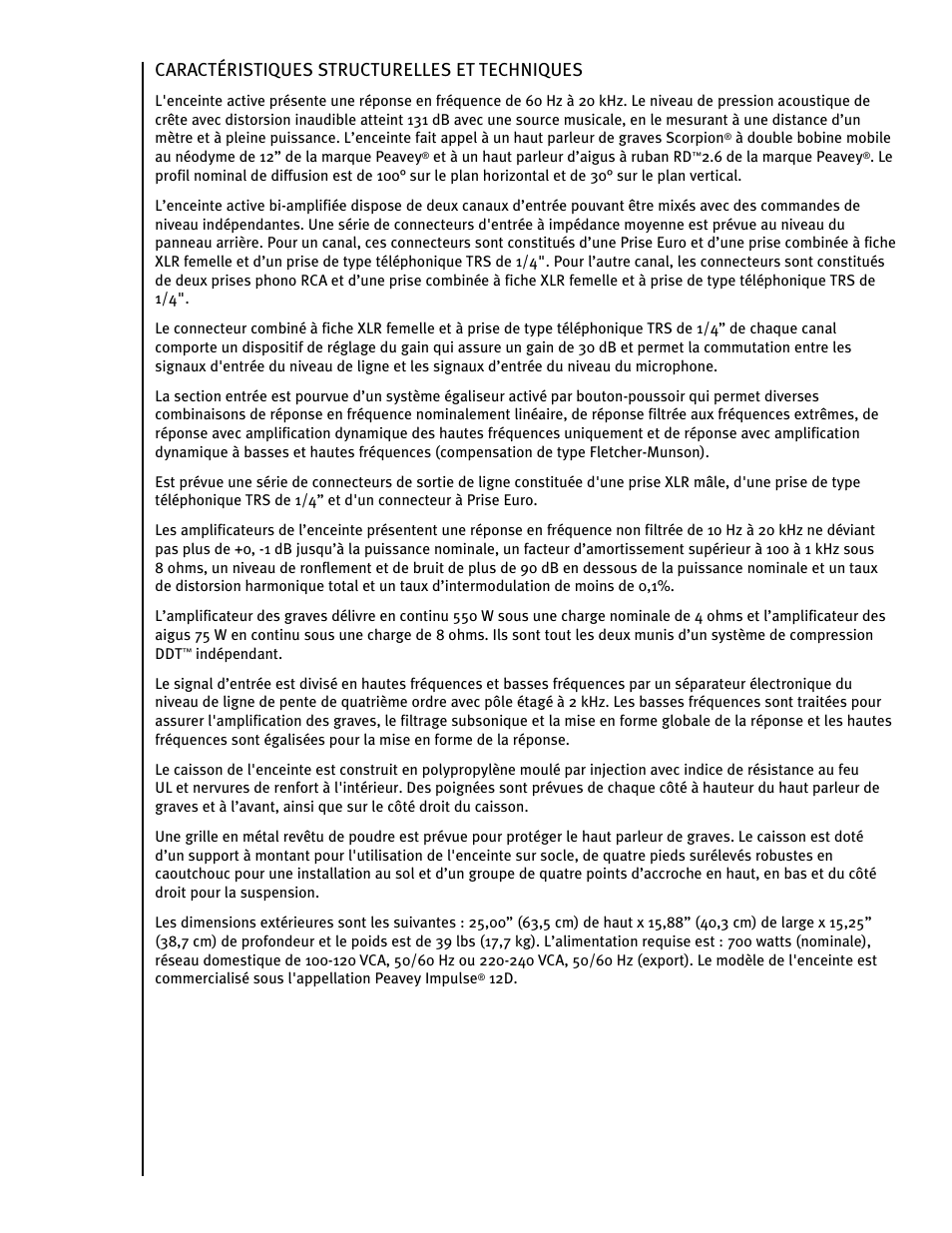 Caractéristiques structurelles et techniques | Peavey IMPULSE 12 D User Manual | Page 58 / 148