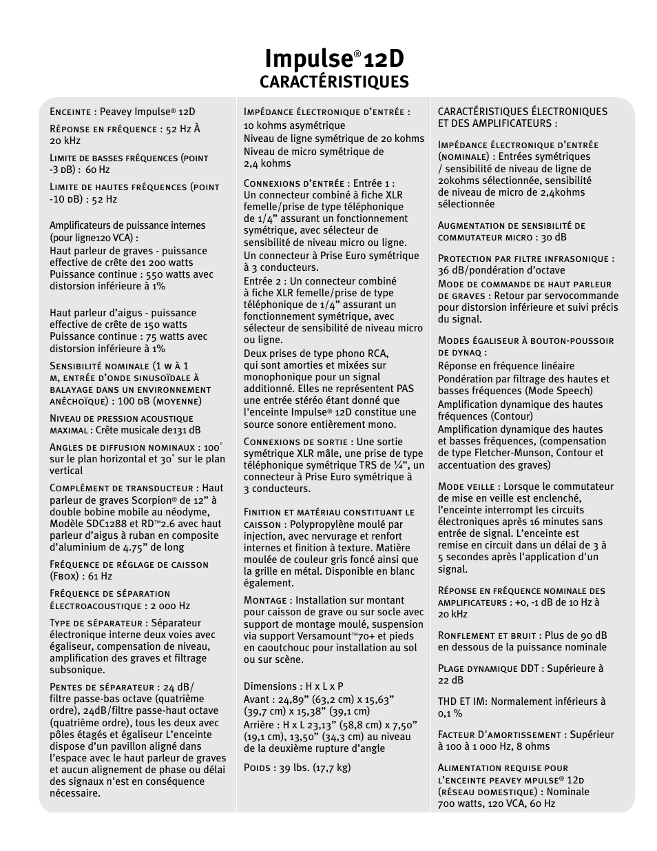 Impulse, Caractéristiques | Peavey IMPULSE 12 D User Manual | Page 59 / 148