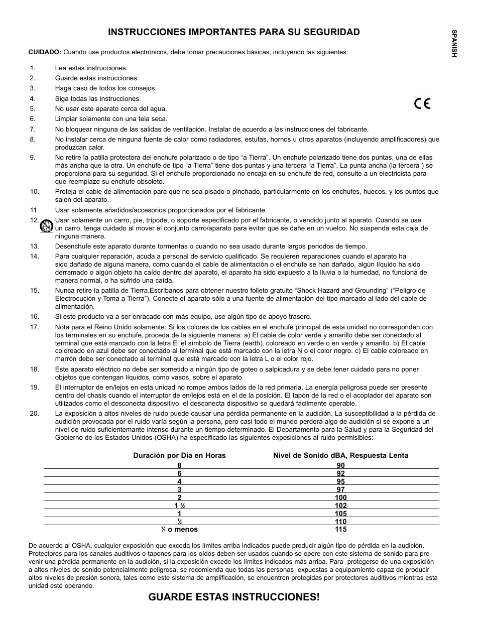Guarde estas instrucciones, Instrucciones importantes para su seguridad | Peavey IMPULSE 12 D User Manual | Page 6 / 148