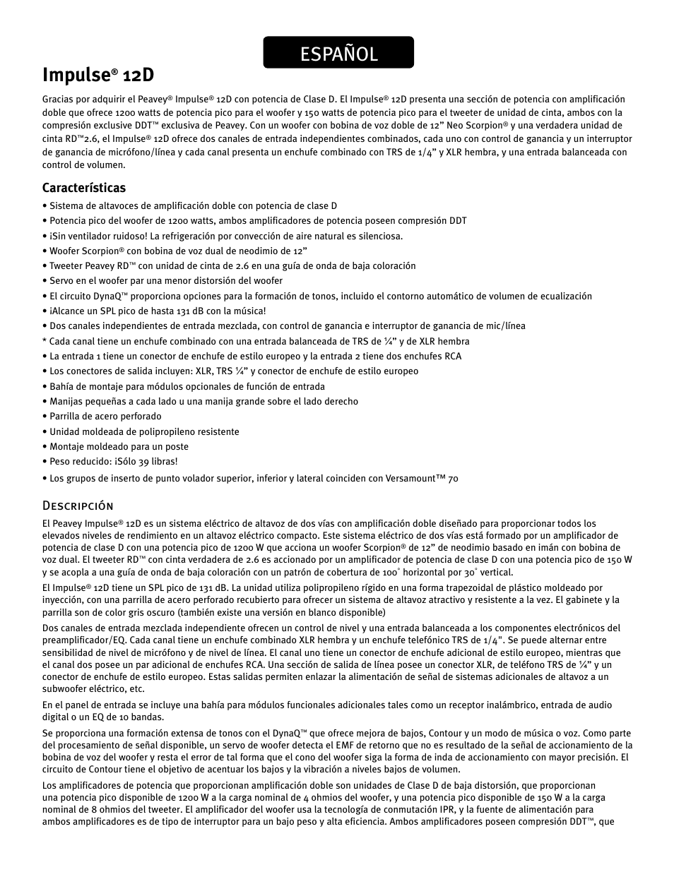 Impulse, Español, Características | Descripción | Peavey IMPULSE 12 D User Manual | Page 60 / 148