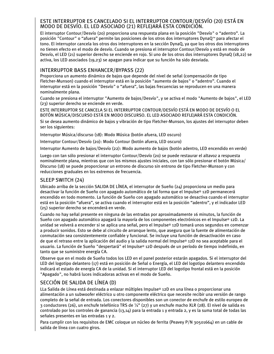 Interruptor bass enhancer/bypass (22), Sleep switch (24), Sección de salida de línea (d) | Peavey IMPULSE 12 D User Manual | Page 64 / 148