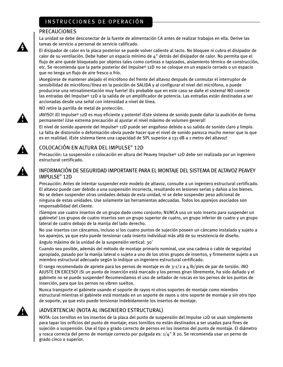 Precauciones, Colocación en altura del impulse, Advertencia! (nota al ingeniero estructural) | Peavey IMPULSE 12 D User Manual | Page 65 / 148