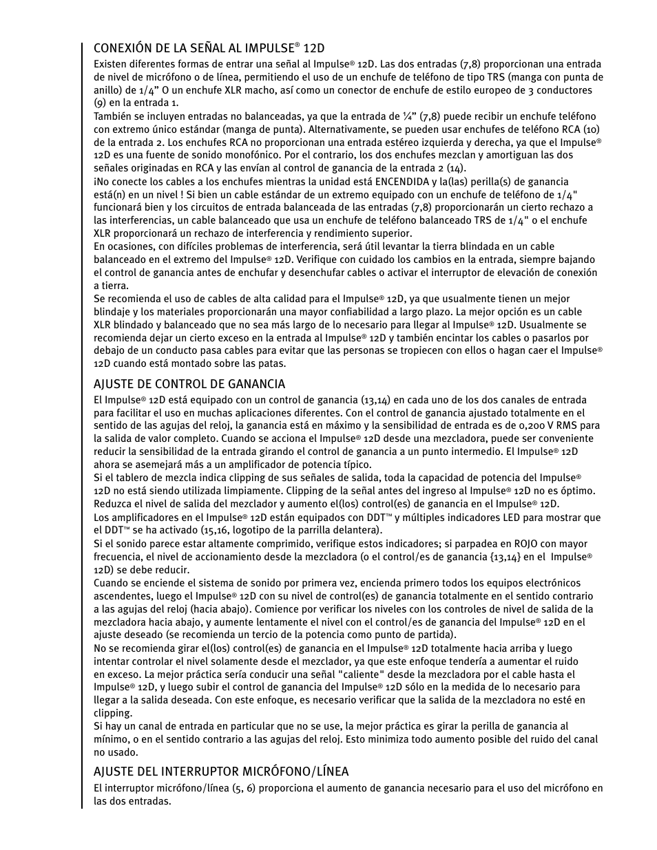 Conexión de la señal al impulse, Ajuste de control de ganancia, Ajuste del interruptor micrófono/línea | Peavey IMPULSE 12 D User Manual | Page 67 / 148