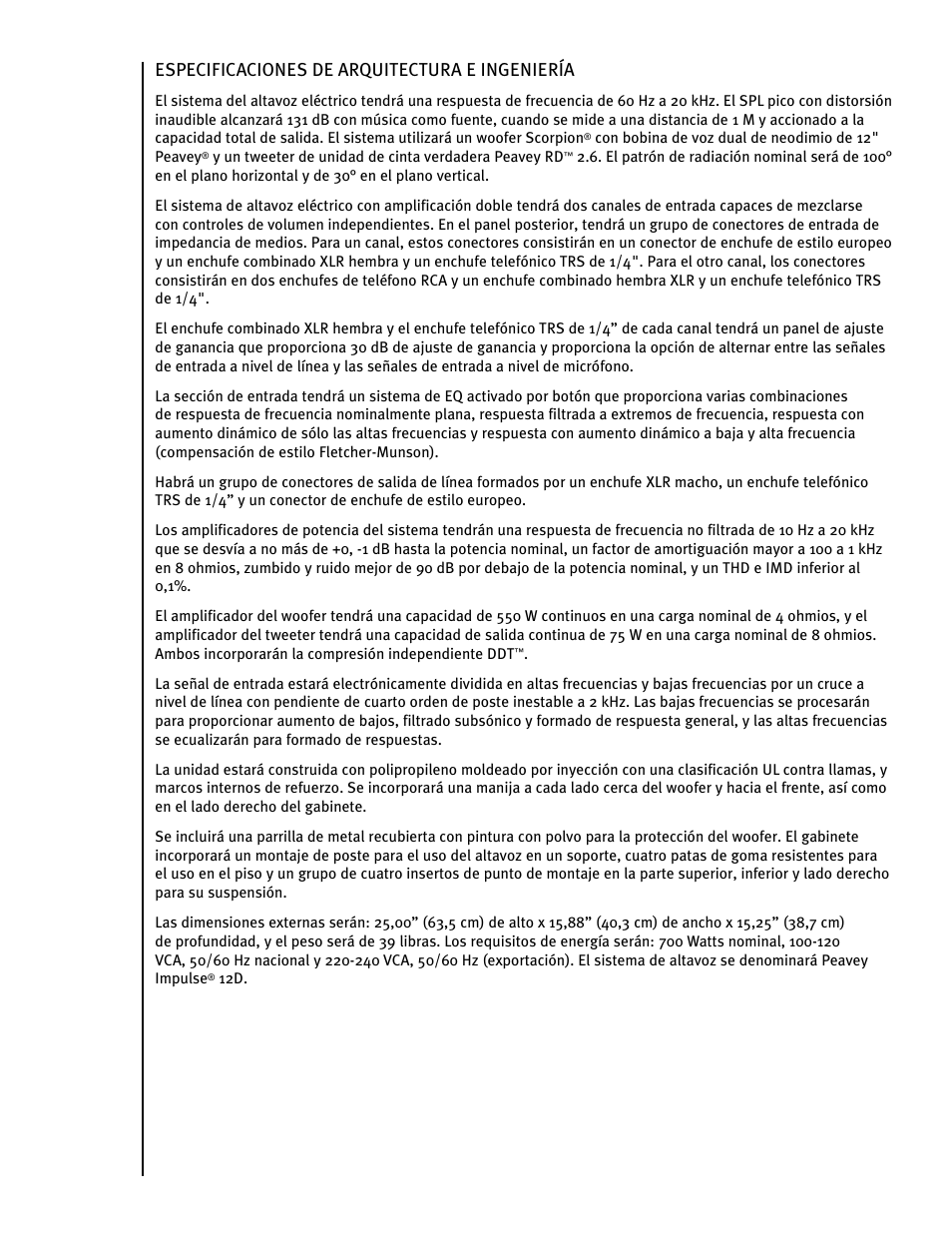 Especificaciones de arquitectura e ingeniería | Peavey IMPULSE 12 D User Manual | Page 70 / 148