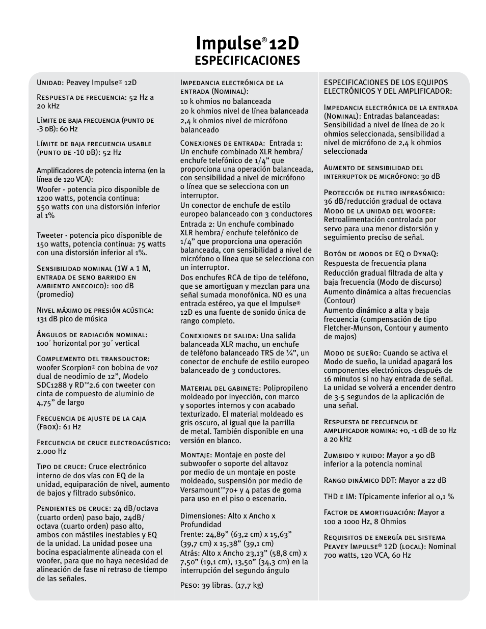 Impulse, Especificaciones | Peavey IMPULSE 12 D User Manual | Page 71 / 148