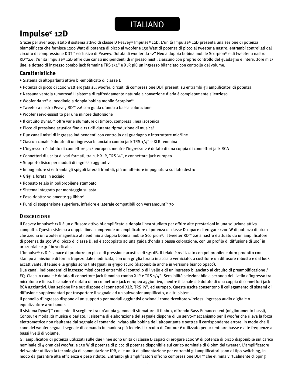 Impulse, Italiano, Caratteristiche | Descrizione | Peavey IMPULSE 12 D User Manual | Page 72 / 148