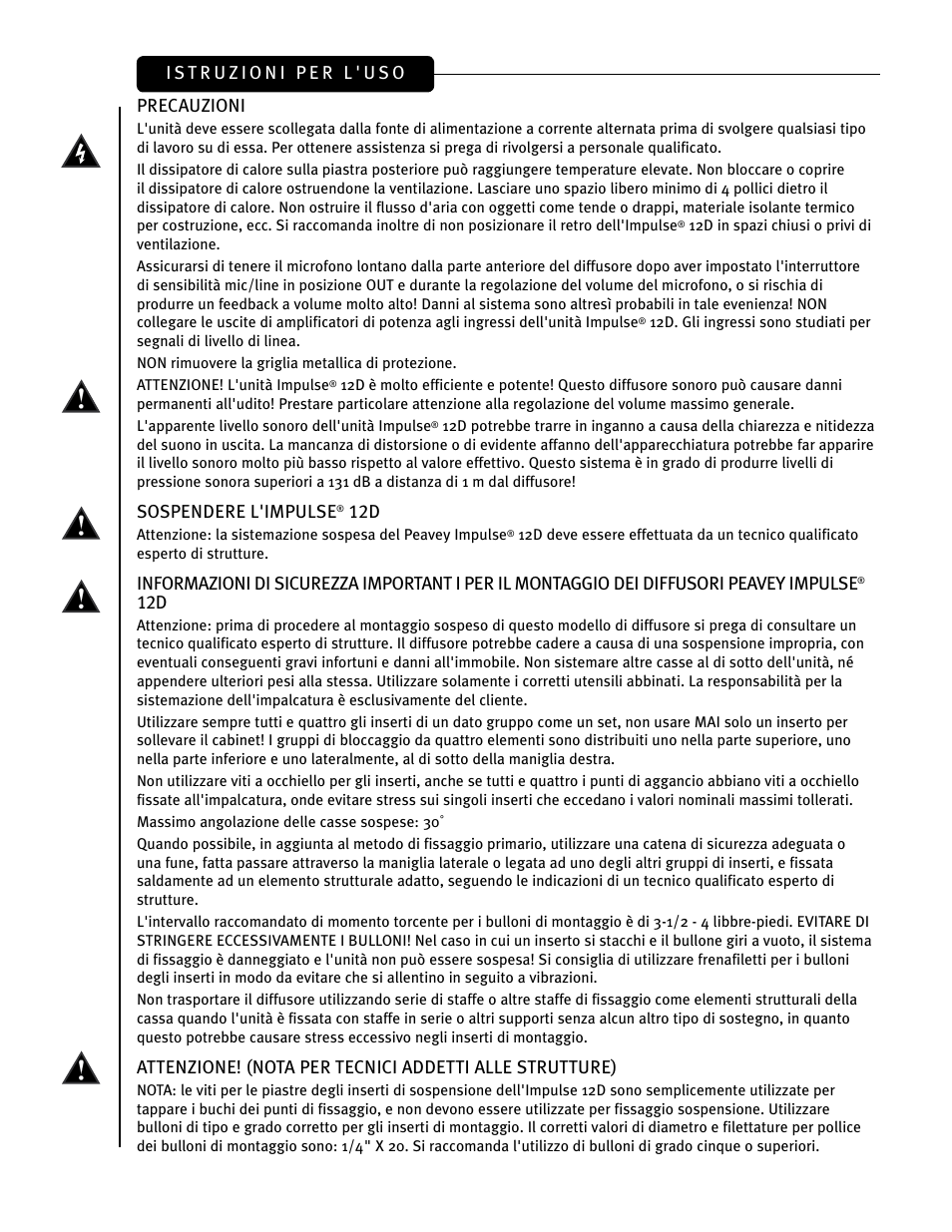 Precauzioni, Sospendere l'impulse | Peavey IMPULSE 12 D User Manual | Page 77 / 148