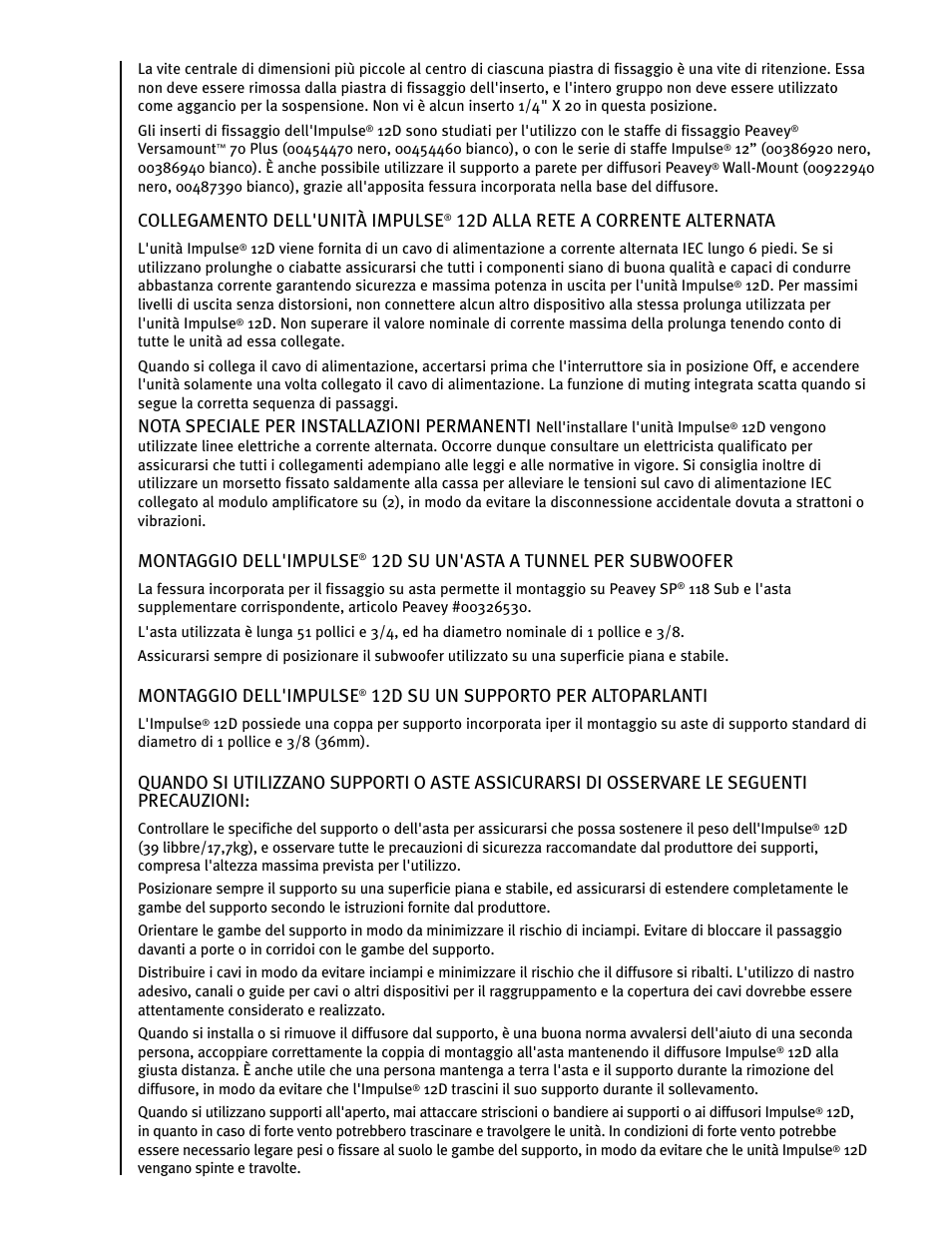 Collegamento dell'unità impulse, 12d alla rete a corrente alternata, Nota speciale per installazioni permanenti | Montaggio dell'impulse, 12d su un'asta a tunnel per subwoofer, 12d su un supporto per altoparlanti | Peavey IMPULSE 12 D User Manual | Page 78 / 148