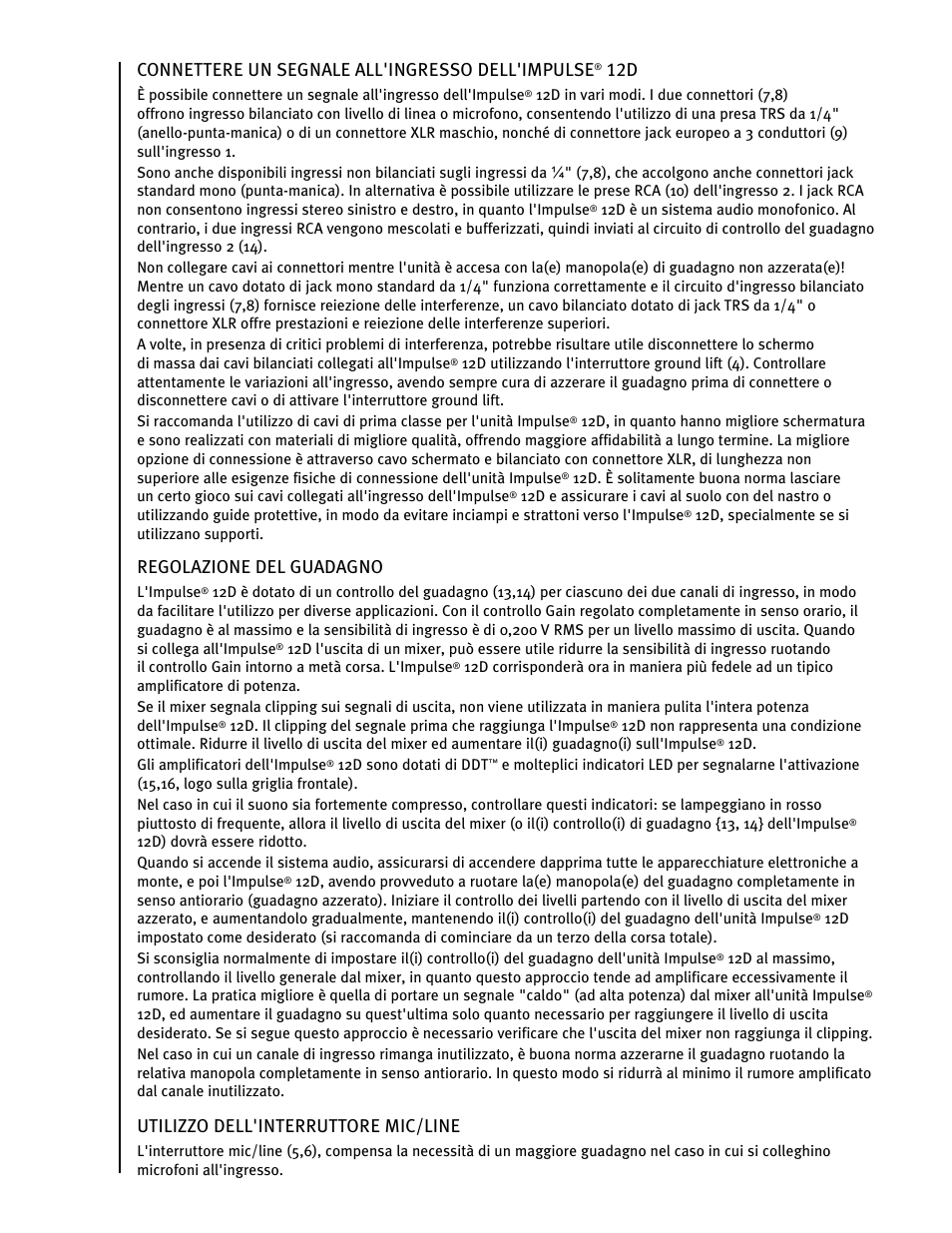 Connettere un segnale all'ingresso dell'impulse, Regolazione del guadagno, Utilizzo dell'interruttore mic/line | Peavey IMPULSE 12 D User Manual | Page 79 / 148