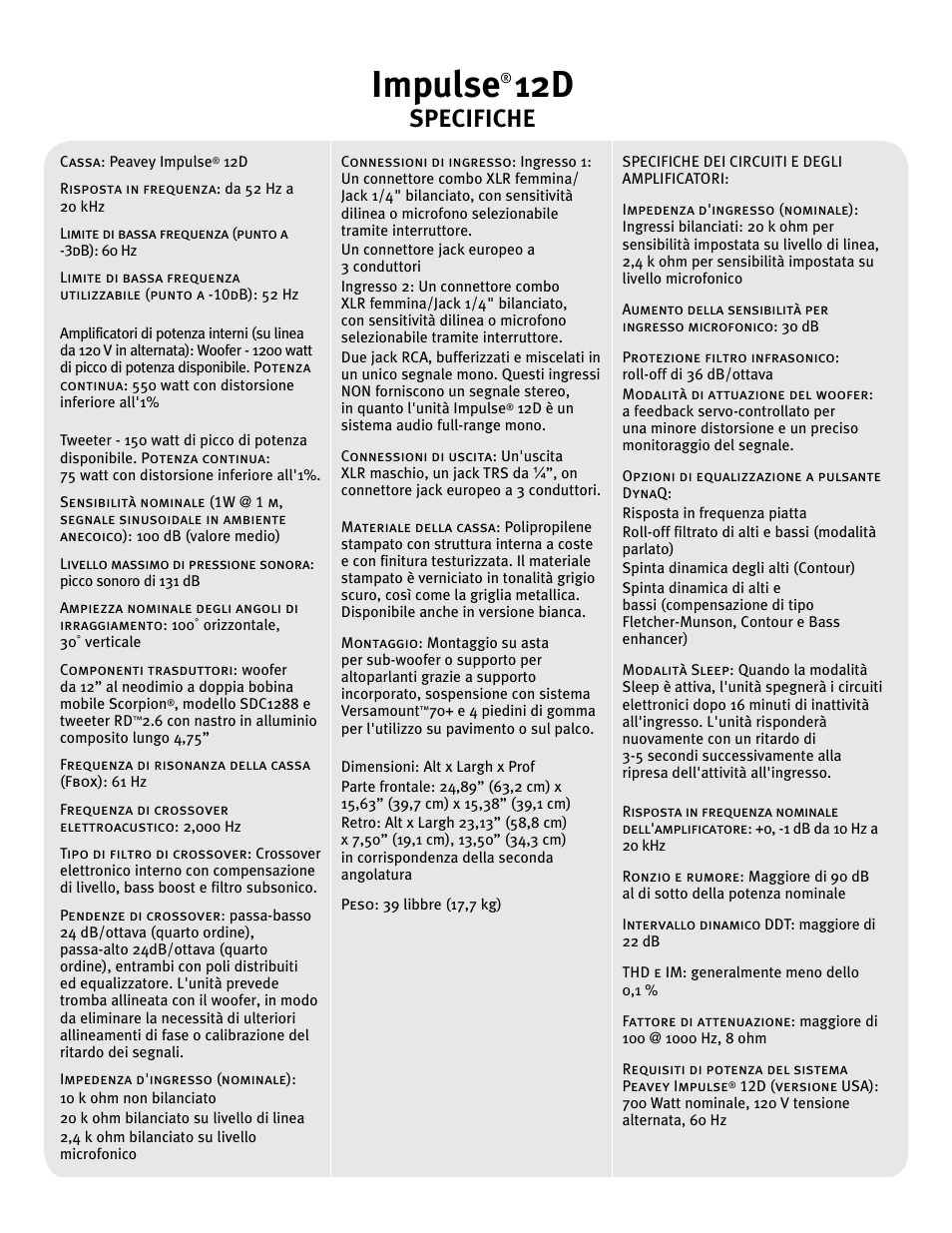 Impulse, Specifiche | Peavey IMPULSE 12 D User Manual | Page 83 / 148