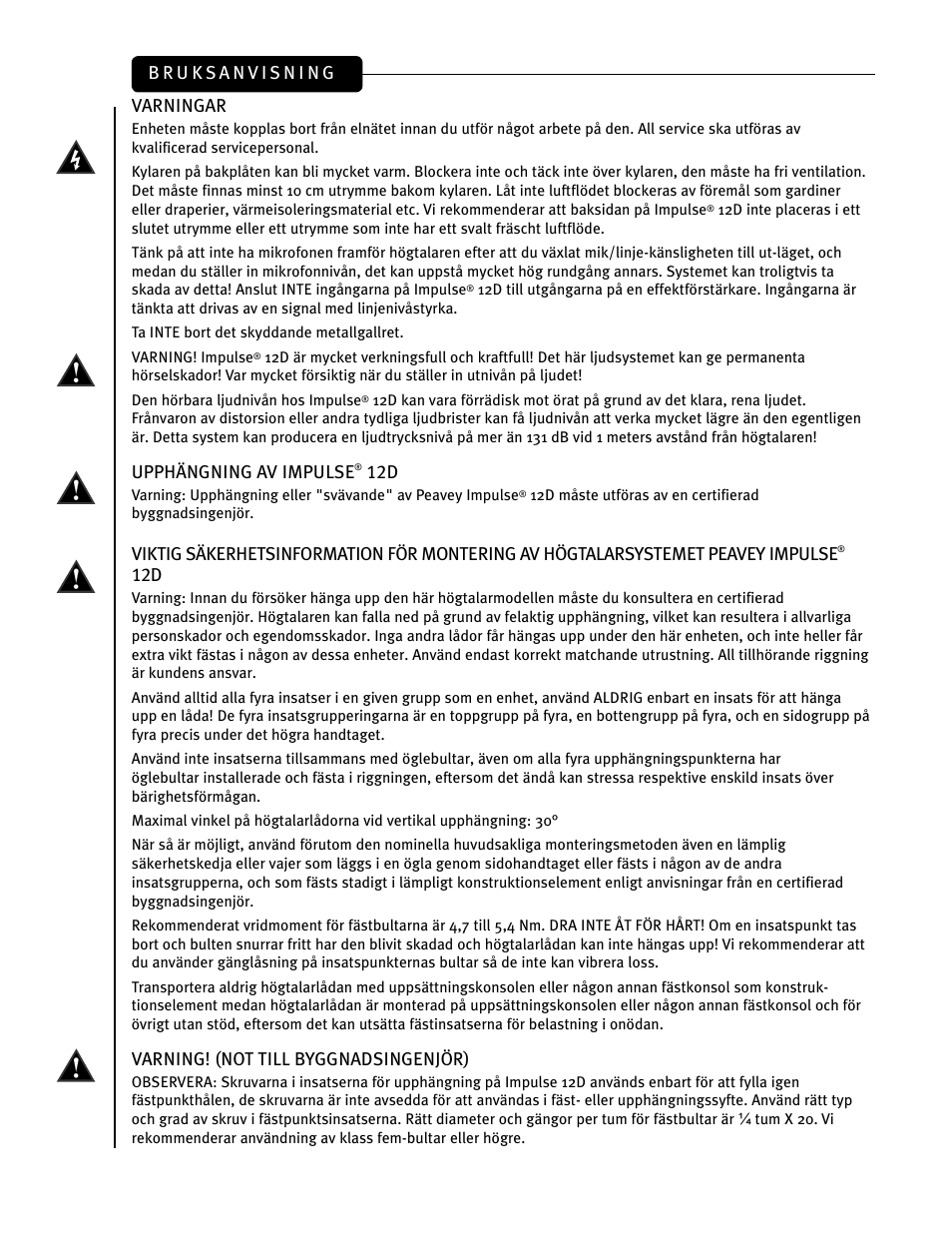 Varningar, Upphängning av impulse, Varning! (not till byggnadsingenjör) | Peavey IMPULSE 12 D User Manual | Page 89 / 148