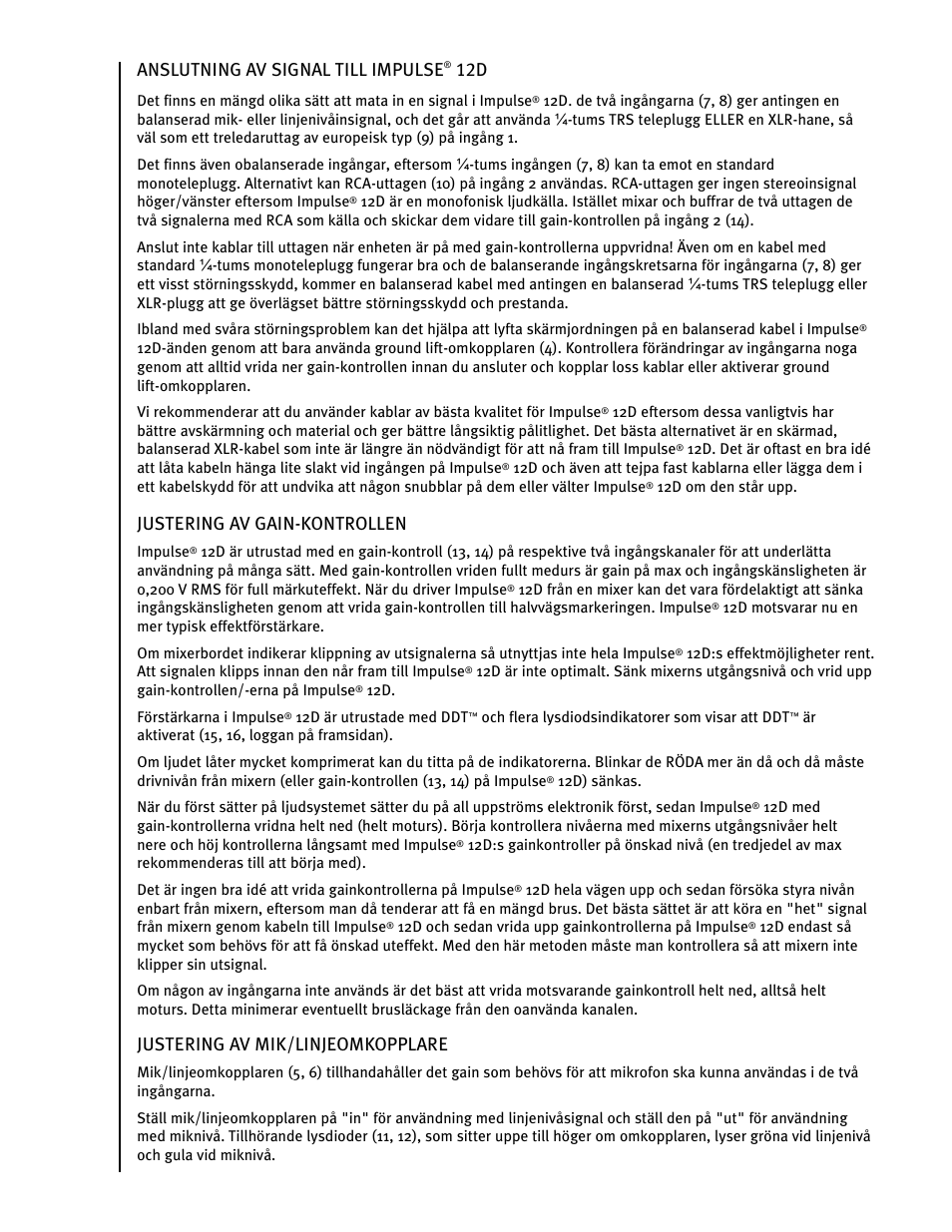 Anslutning av signal till impulse, Justering av gain-kontrollen, Justering av mik/linjeomkopplare | Peavey IMPULSE 12 D User Manual | Page 91 / 148