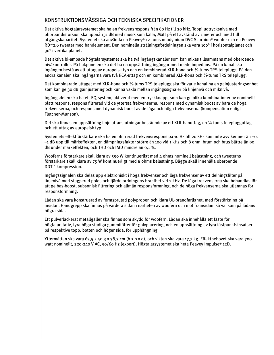 Konstruktionsmässiga och tekniska specifikationer | Peavey IMPULSE 12 D User Manual | Page 94 / 148