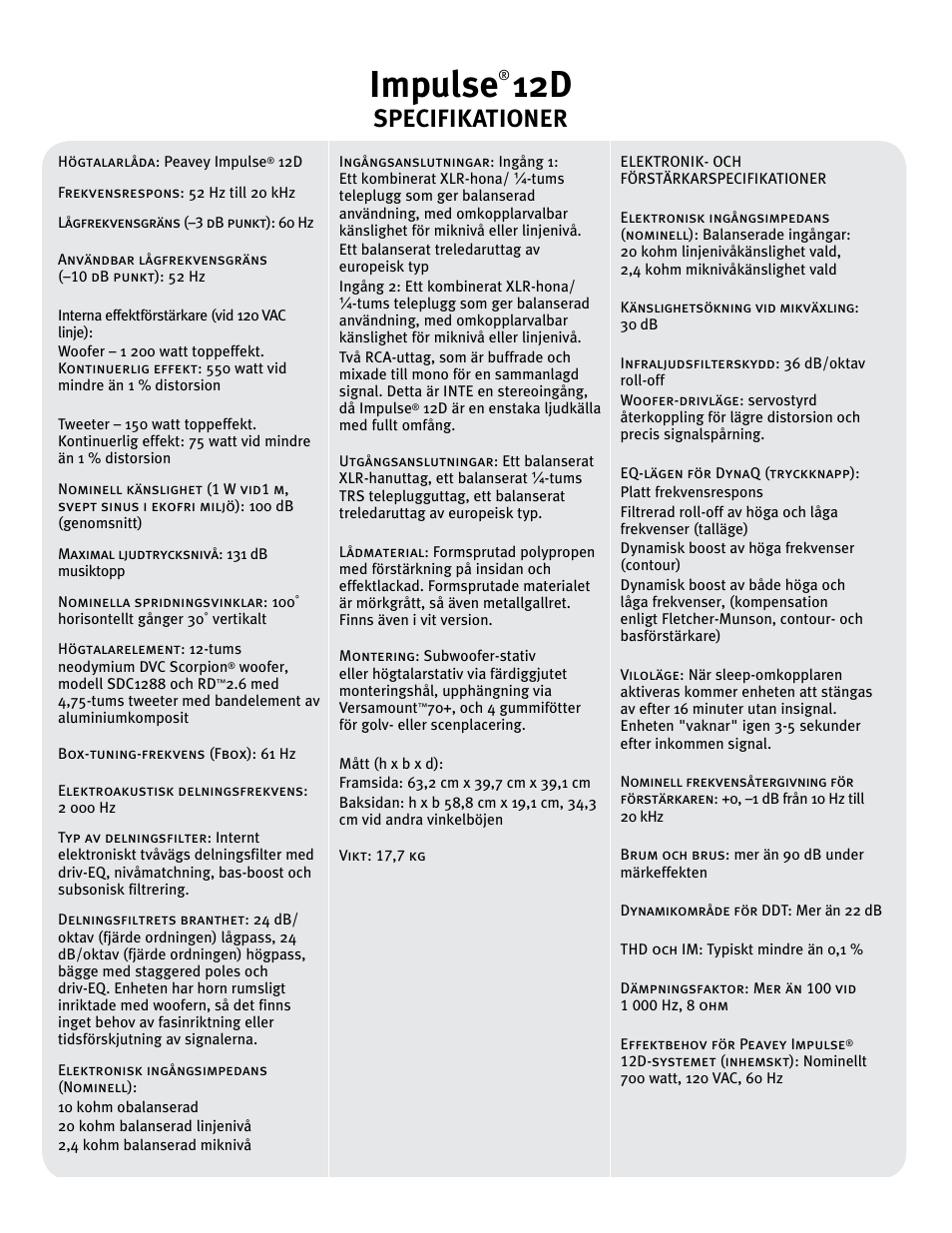 Impulse, Specifikationer | Peavey IMPULSE 12 D User Manual | Page 95 / 148