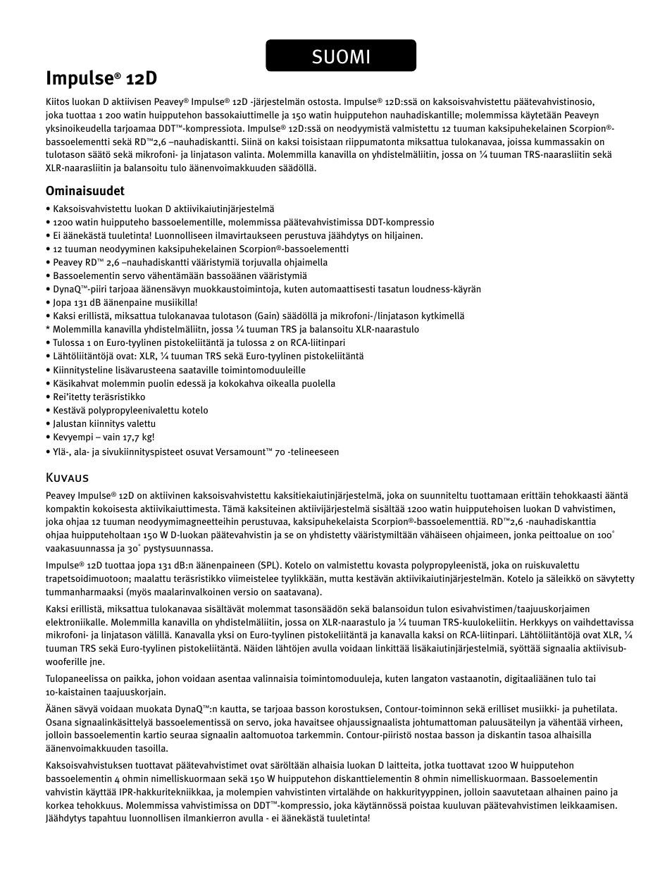 Impulse, Suomi, Ominaisuudet | Kuvaus | Peavey IMPULSE 12 D User Manual | Page 96 / 148