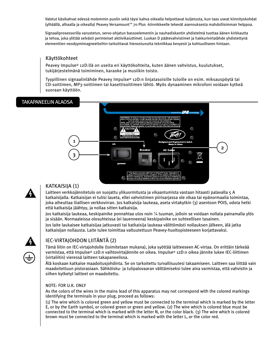 Katkaisija (1), Iec-virtajohdon liitäntä (2), Käyttökohteet | Takapaneelin alaosa | Peavey IMPULSE 12 D User Manual | Page 97 / 148