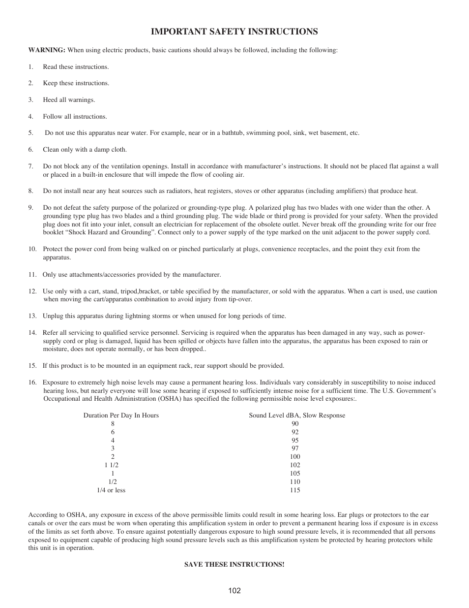 Important safety instructions | Peavey PageMatrix User Manual | Page 102 / 104