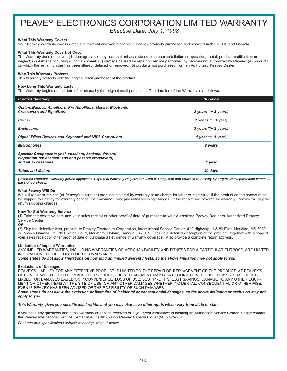 Peavey electronics corporation limited warranty | Peavey PageMatrix User Manual | Page 103 / 104