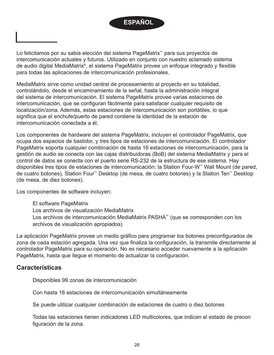 Introducción, Caracter’sticas, Espa„ol | Peavey PageMatrix User Manual | Page 28 / 104