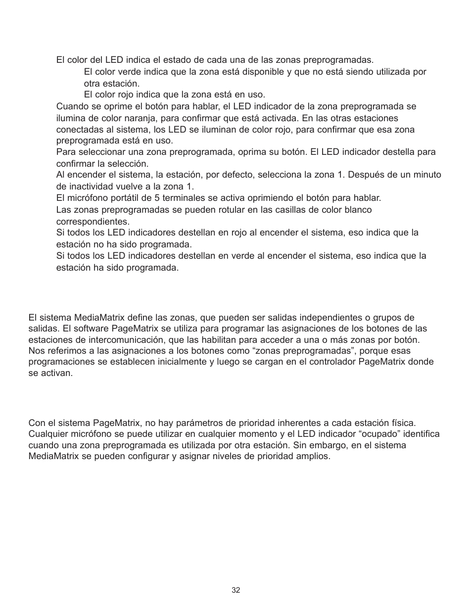 Operación de la estación station four-w, Acerca de las zonas preprogramadas, Acerca de la prioridad | Peavey PageMatrix User Manual | Page 32 / 104