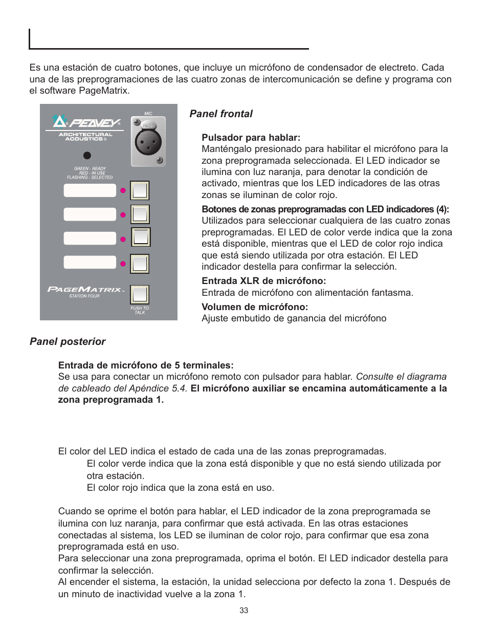 Estación de intercomunicación de mesa station four, Operación de la estación de cuatro botones | Peavey PageMatrix User Manual | Page 33 / 104