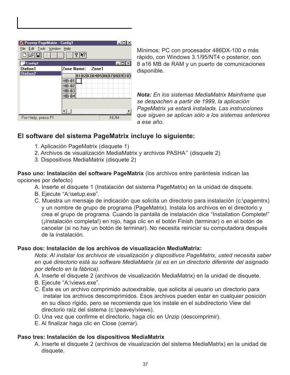 Descripción del software pagematrix, Requisitos informáticos, Instalación del software | Peavey PageMatrix User Manual | Page 37 / 104