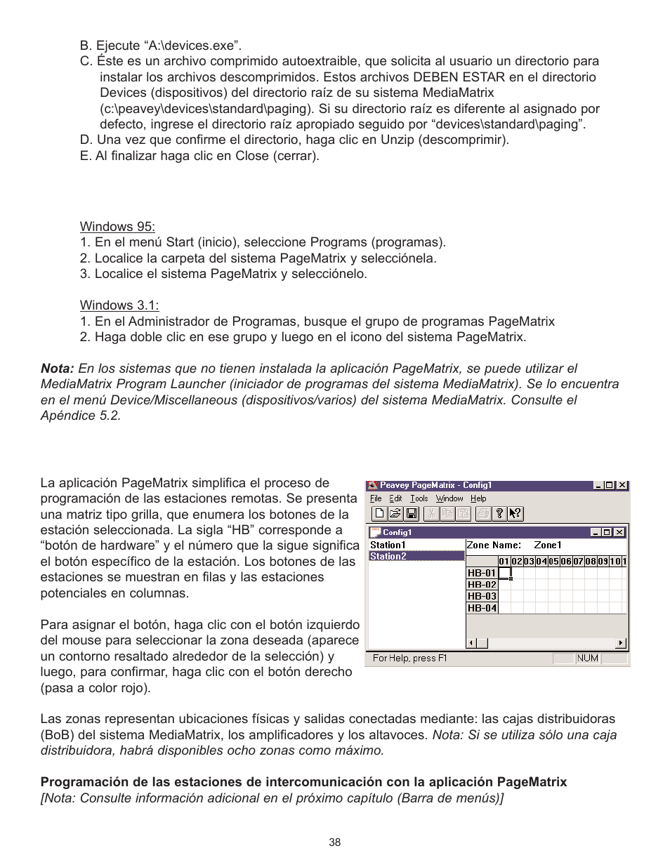 Iniciación del sistema pagematrix, Estaciones y zonas | Peavey PageMatrix User Manual | Page 38 / 104