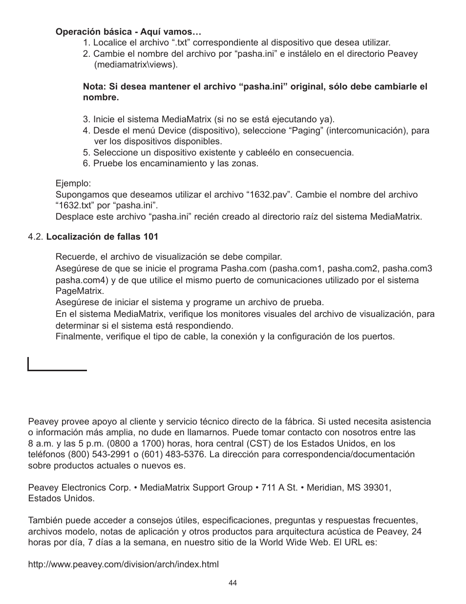 Apéndice 5.1. apoyo técnico de la fábrica | Peavey PageMatrix User Manual | Page 44 / 104