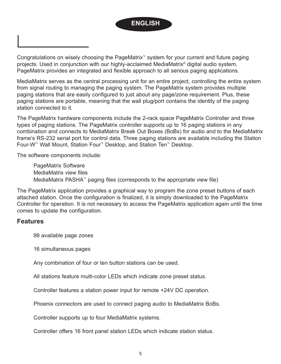 Features, English | Peavey PageMatrix User Manual | Page 5 / 104