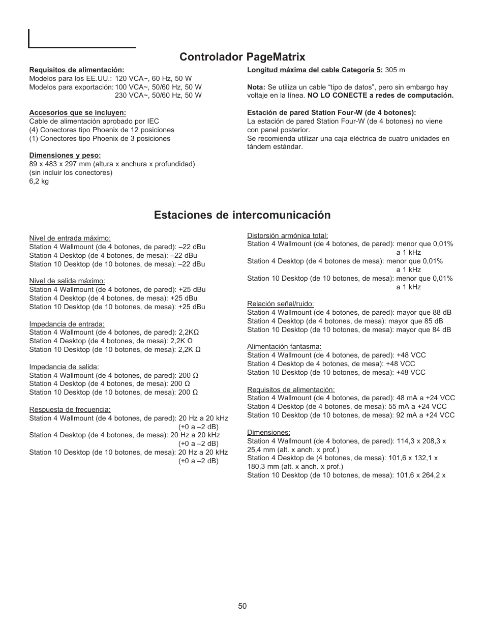 Especificaciones | Peavey PageMatrix User Manual | Page 50 / 104