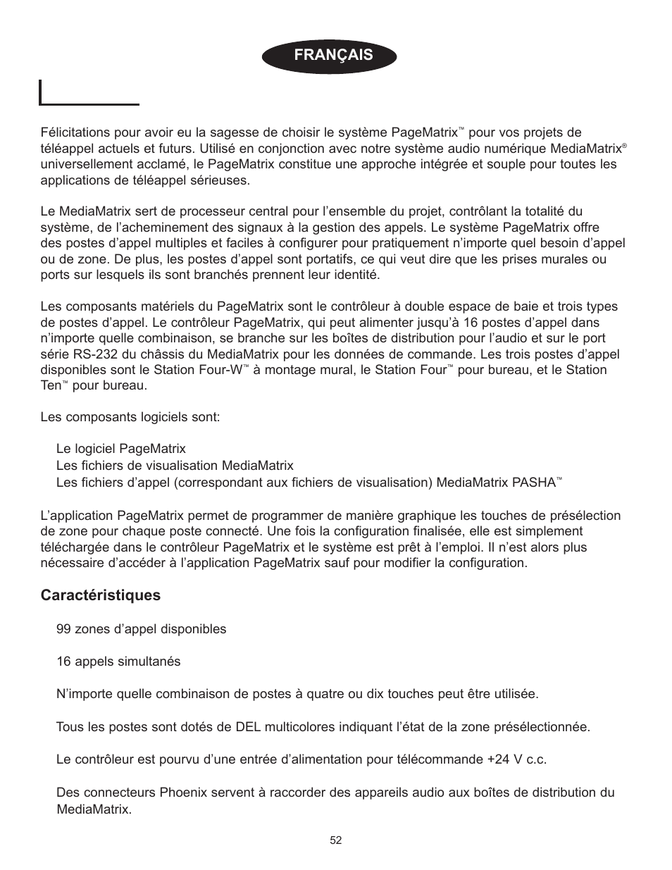 Introduction, Caractžristiques, Fran‚ais | Peavey PageMatrix User Manual | Page 52 / 104