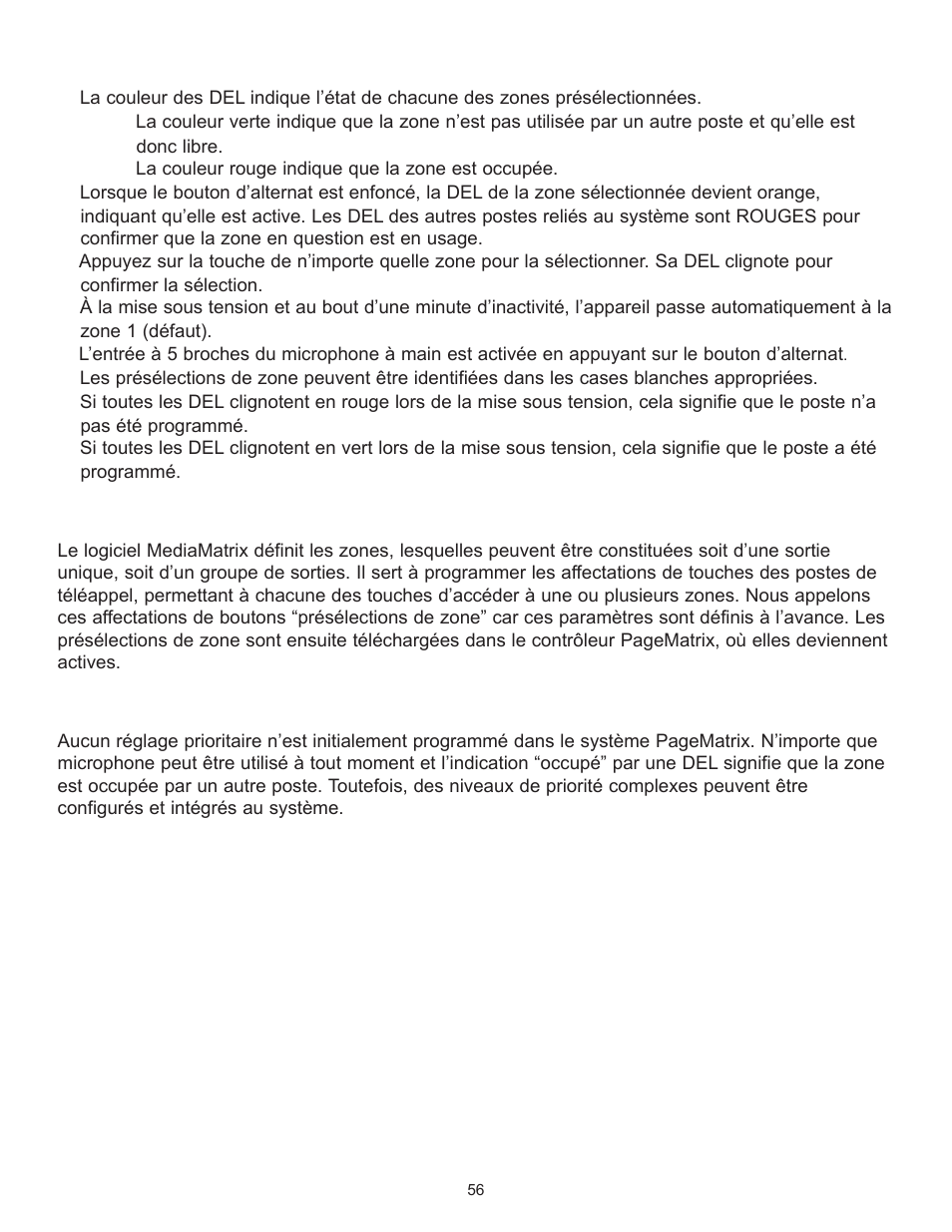 Fonctionnement du poste station four-w, Au sujet des présélections de zone, Au sujet de la priorité | Peavey PageMatrix User Manual | Page 56 / 104