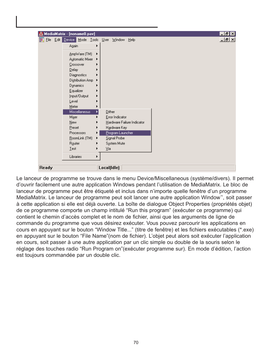 2 utilisation du lanceur de programme mediamatrix | Peavey PageMatrix User Manual | Page 70 / 104