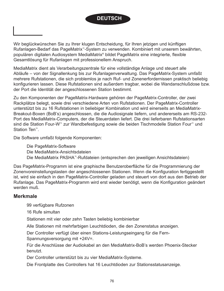 Einleitung, Deutsch, Merkmale | Peavey PageMatrix User Manual | Page 76 / 104