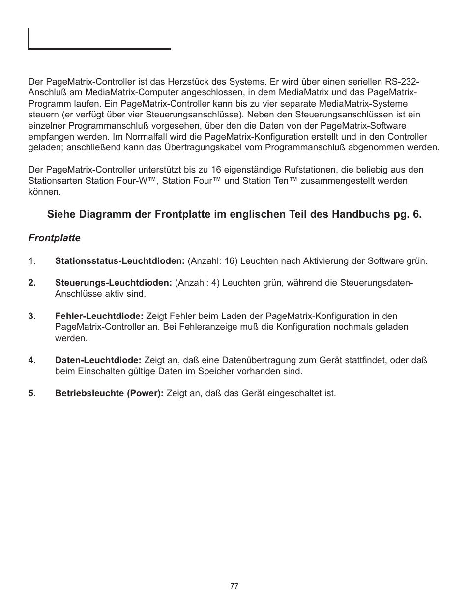 Beschreibung der hardware, 1 der pagematrix-controller | Peavey PageMatrix User Manual | Page 77 / 104