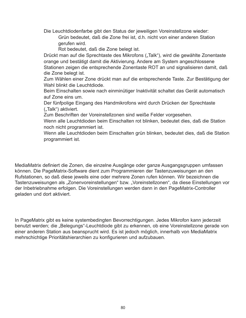 Betrieb der station four-w, Zonenvoreinstellungen, Bevorrechtigung | Peavey PageMatrix User Manual | Page 80 / 104