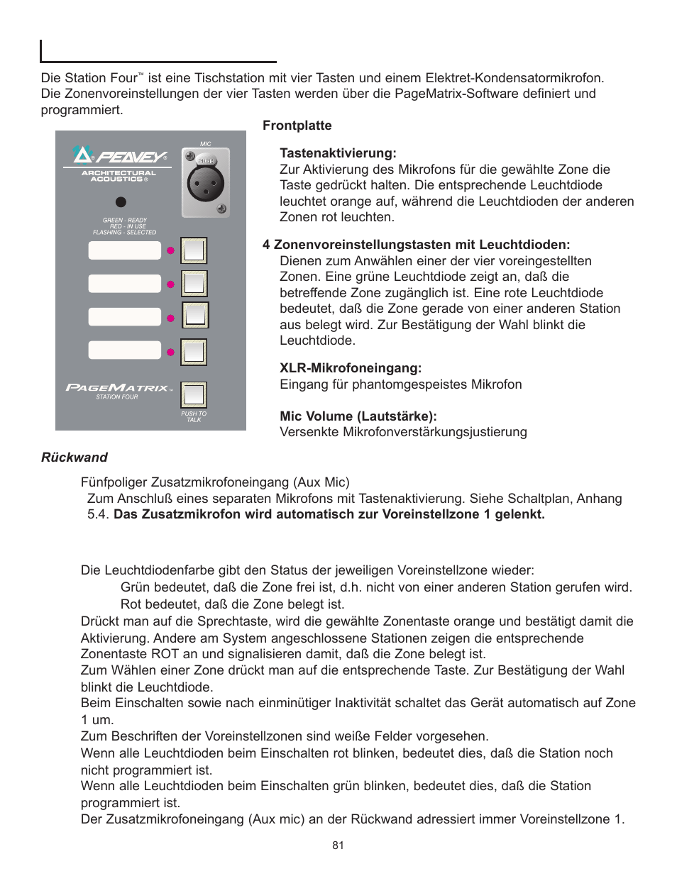 Tisch-rufstation station four, Betrieb der station four | Peavey PageMatrix User Manual | Page 81 / 104