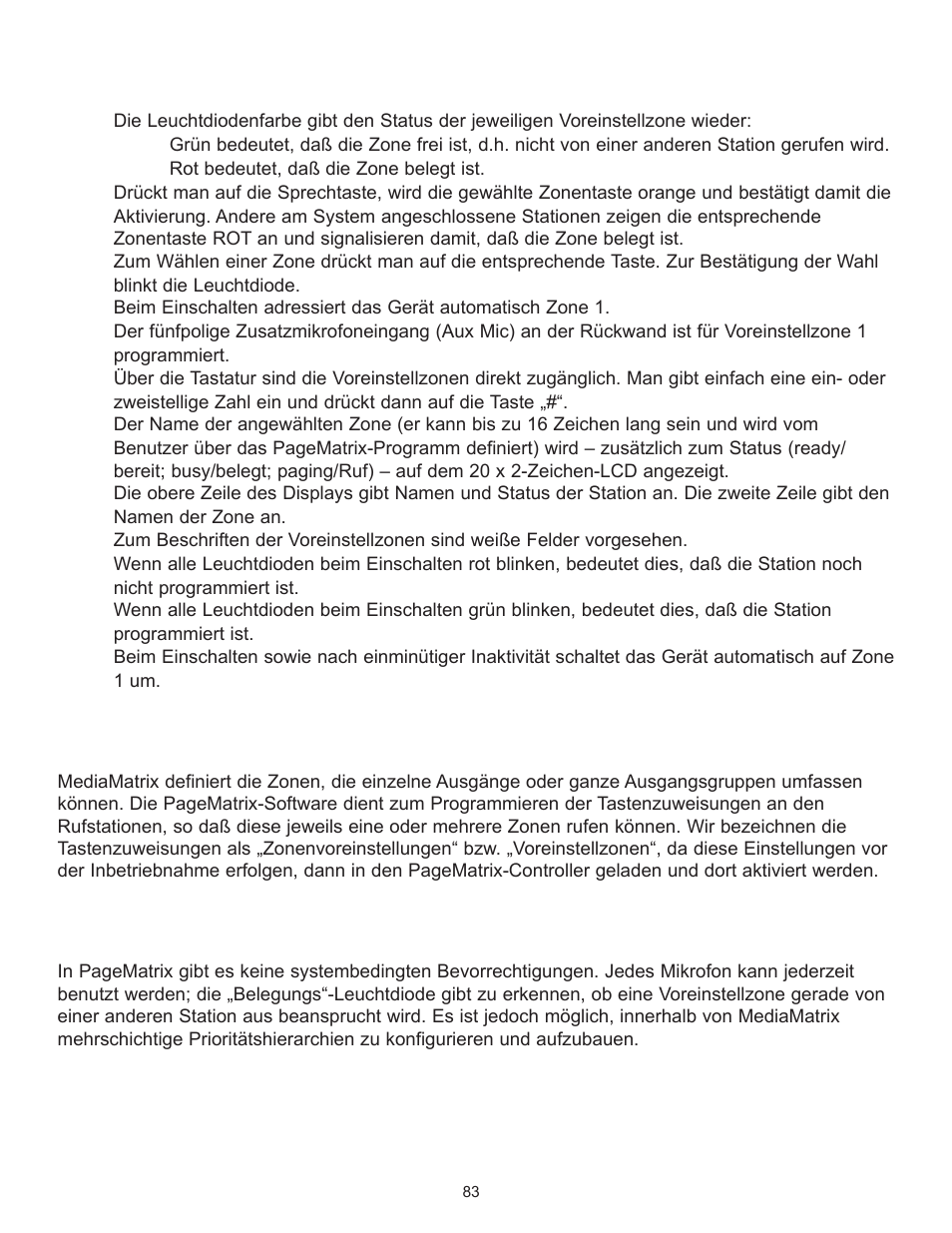 Betrieb der station ten, Zonenvoreinstellungen, Bevorrechtigung | Peavey PageMatrix User Manual | Page 83 / 104