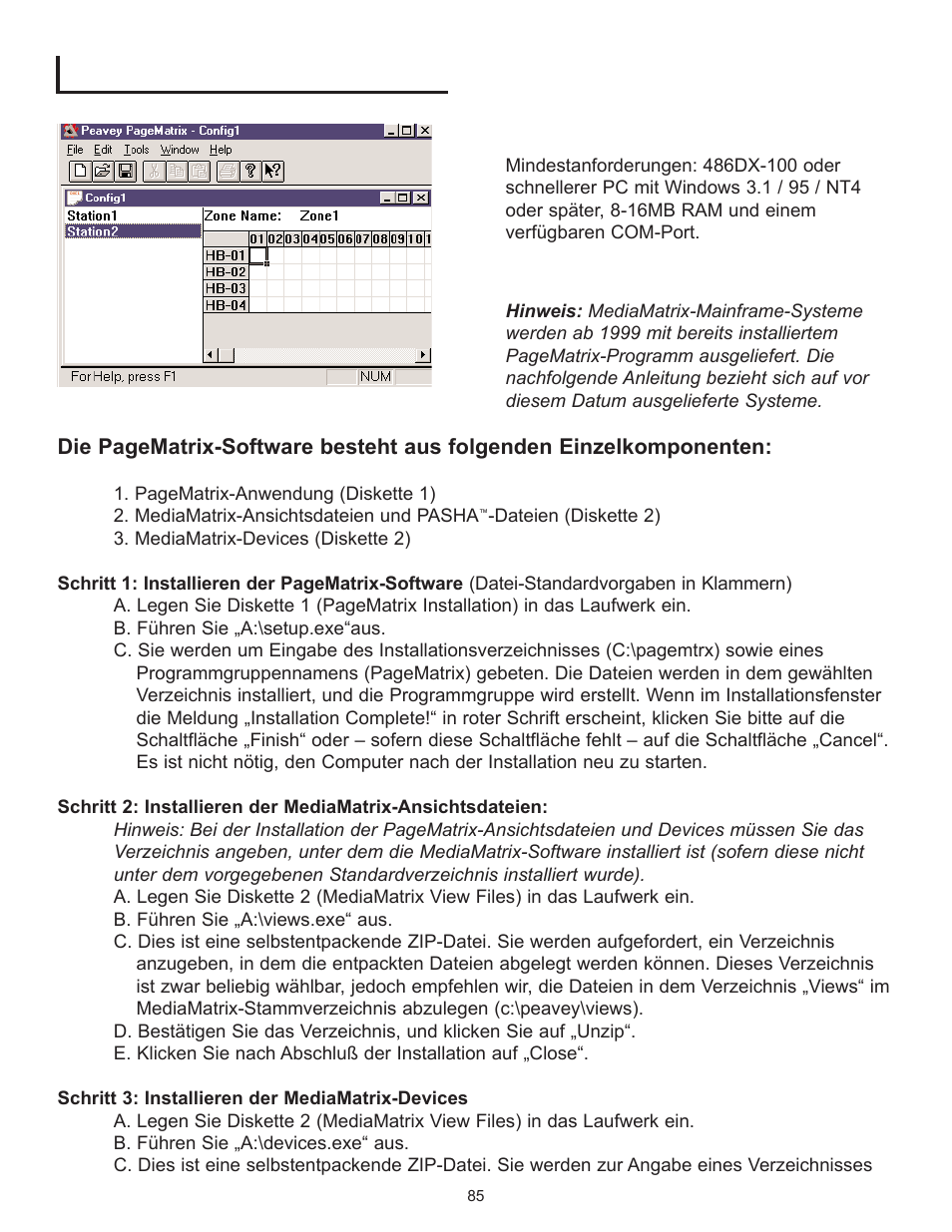 Beschreibung der pagematrix-software, Computer-anforderungen, Installieren der software | Peavey PageMatrix User Manual | Page 85 / 104