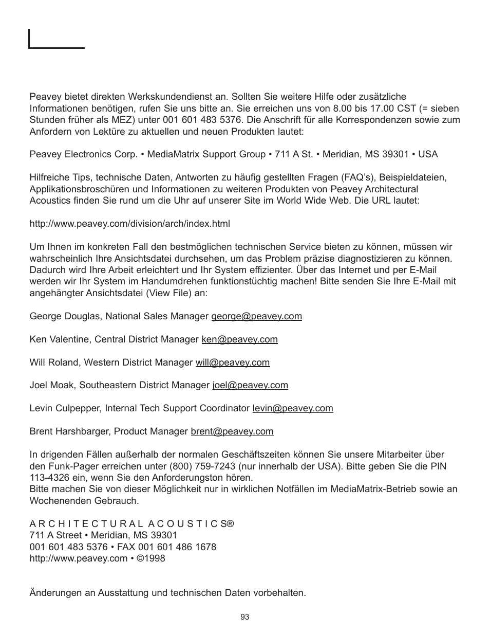 Anhang, Werkseitiger service | Peavey PageMatrix User Manual | Page 93 / 104