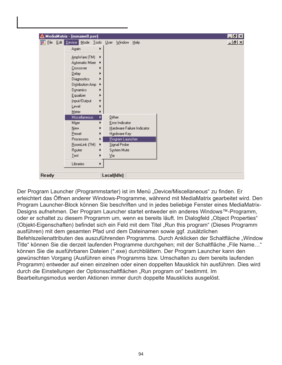 Der mediamatrix program launcher | Peavey PageMatrix User Manual | Page 94 / 104